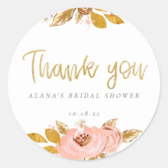 Rose Gold Floral Glitzer Brautparty Runder Aufkleber (Vorderseite)