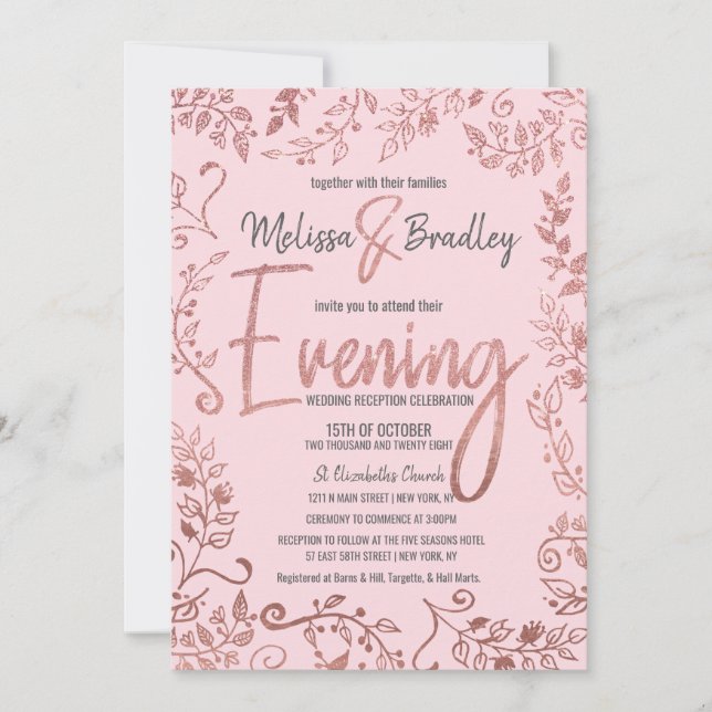 Rose Gold Floral Glitzer Ombre Pink Abend Einladung (Vorderseite)