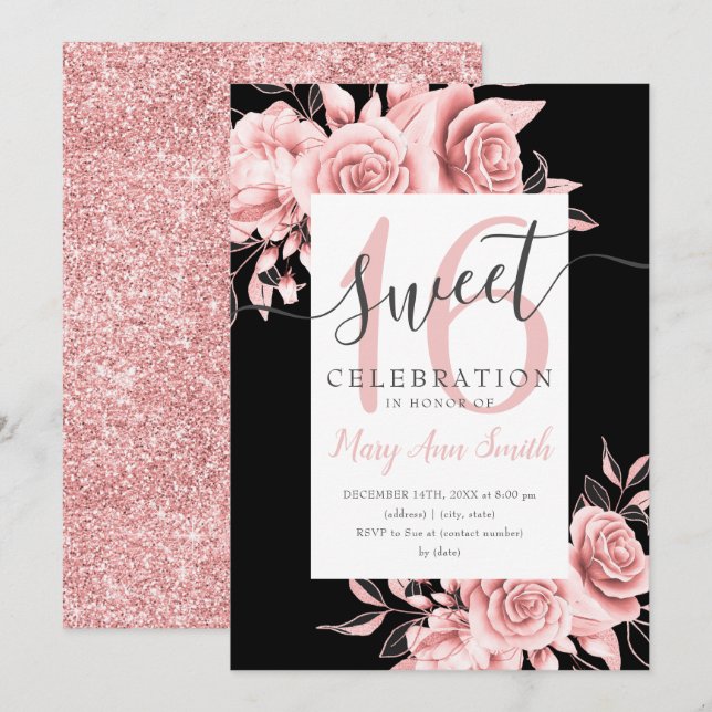 Rose Gold Floral & Glitzer Sweet 16 Script Black Einladung (Vorne/Hinten)