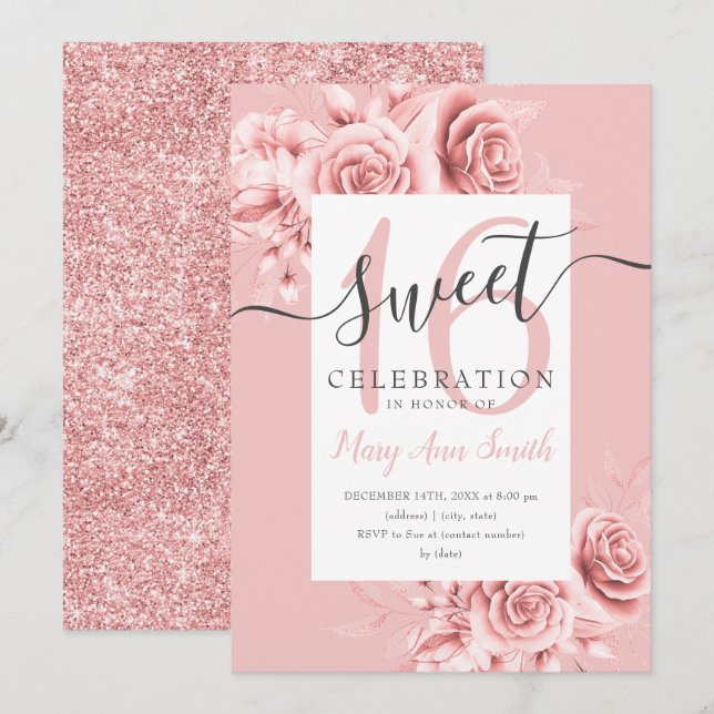 Rose Gold Floral & Glitzer Sweet 16 Script Blush Einladung (Vorne/Hinten)