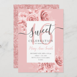 Rose Gold Floral & Glitzer Sweet 16 Script Blush Einladung