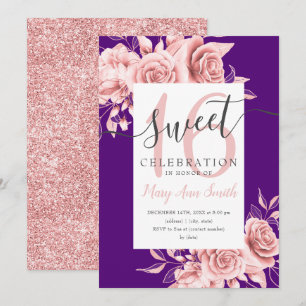 Rose Gold Floral & Glitzer Sweet 16 Script Lila  Einladung