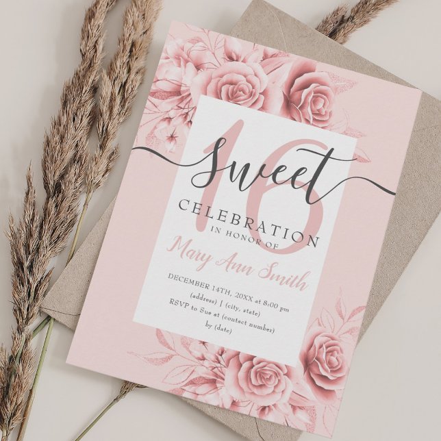 Rose Gold Floral & Glitzer Sweet 16 Script Rosa Einladung (Rose Gold Floral & Glitter Sweet 16 Script Pink Invitation)