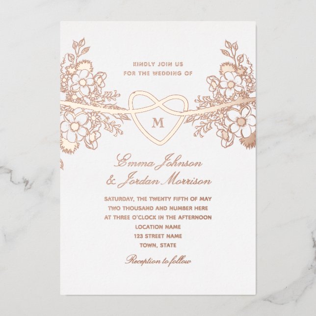Rose Gold Floral Heart Mariage Foil Invitation (Recto)