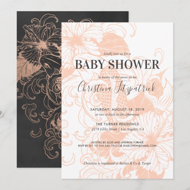 Rose Gold Floral Koi | Einladung der Babydusche (Vorne/Hinten)