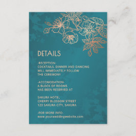 Rose Gold Floral Line Art Teal Wedding Begleitkarte