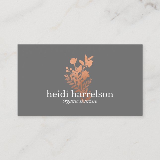 Rose Gold Floral Logo auf Grau Visitenkarte (Vorderseite)