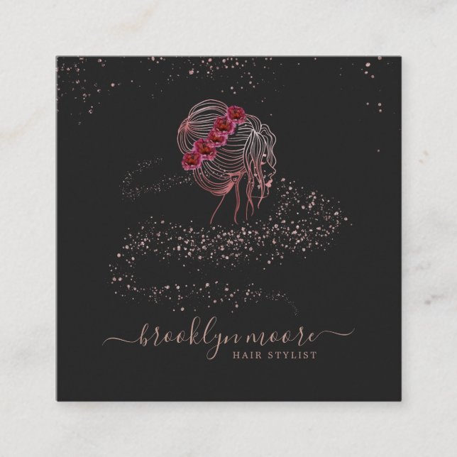 Rose Gold Floral Logo Hair Stylist | elegant Quadratische Visitenkarte (Vorderseite)