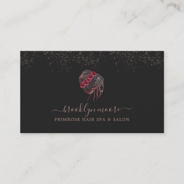 Rose Gold Floral Logo Hair Stylist | elegant Visitenkarte (Vorderseite)