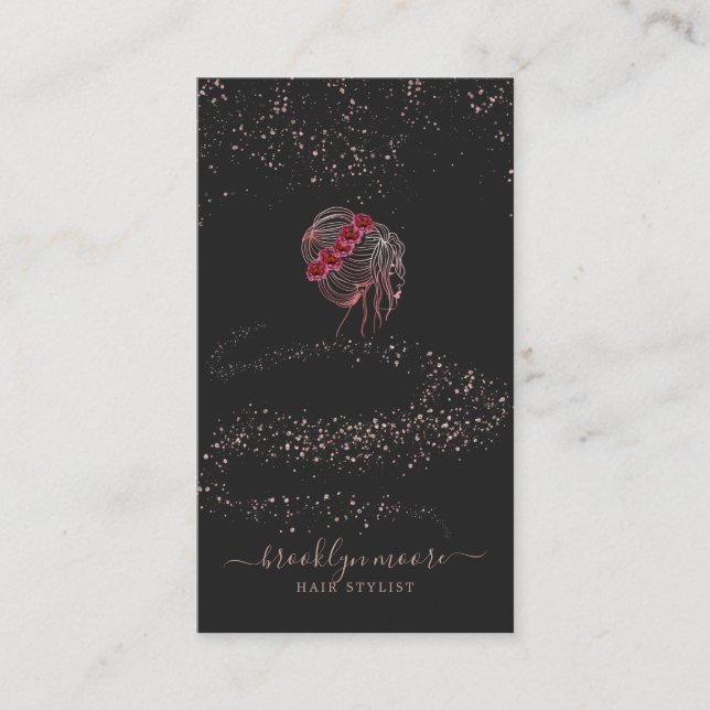 Rose Gold Floral Logo Hair Stylist | elegant Visitenkarte (Vorderseite)