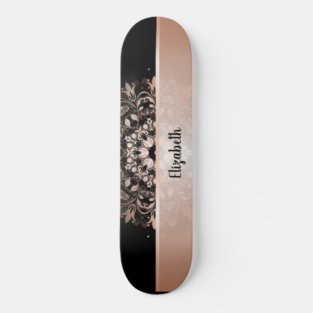 Rose Gold Floral Mandala Name Schwarzes Skateboard (Vorderseite)
