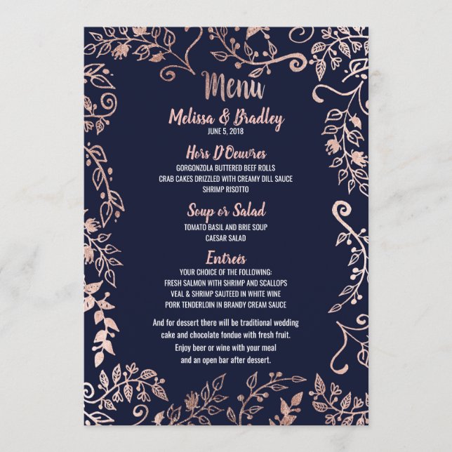 Rose Gold Floral Marine Bleu Brush Menu Script (Devant)