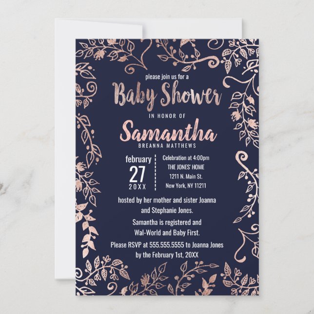 Rose Gold Floral Navy Blue Brush Babydusche Einladung (Vorderseite)