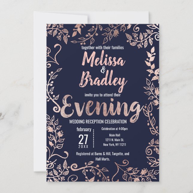 Rose Gold Floral Navy Blue Brush Script Abend Einladung (Vorderseite)