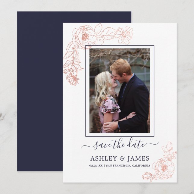 Rose Gold Floral Navy Foto Hochzeit speichern das  Einladung (Vorne/Hinten)