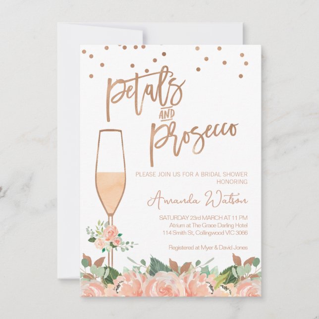 Rose Gold Floral Petals Prosecco Brautparty Einladung (Vorderseite)