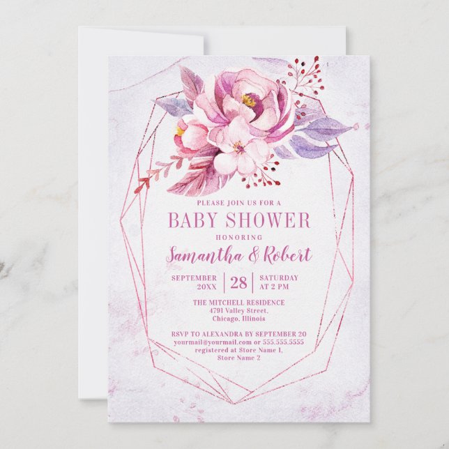 Rose Gold Floral Pink Lila Baby Girl Babydusche Einladung (Vorderseite)