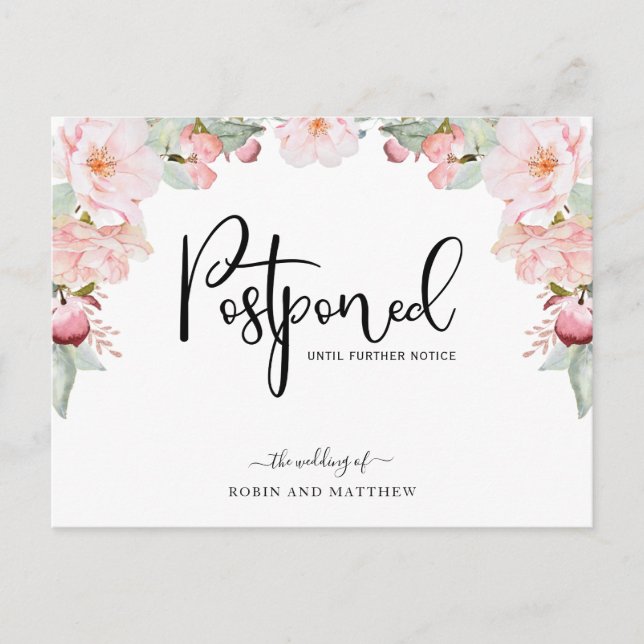Rose Gold Floral Postponement Ankündigung Hochzeit Postkarte (Vorderseite)