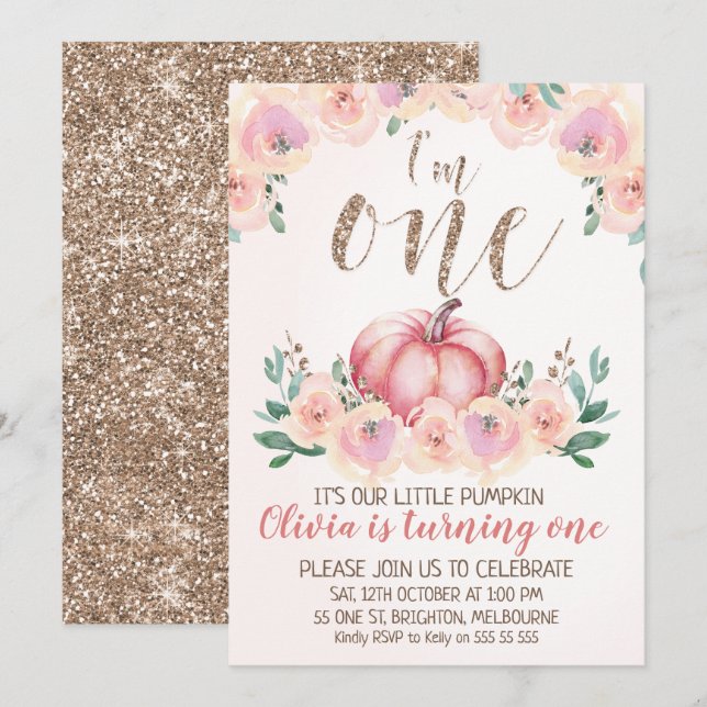 Rose Gold Floral Pumpkin 1. Geburtstag Einladung (Vorne/Hinten)