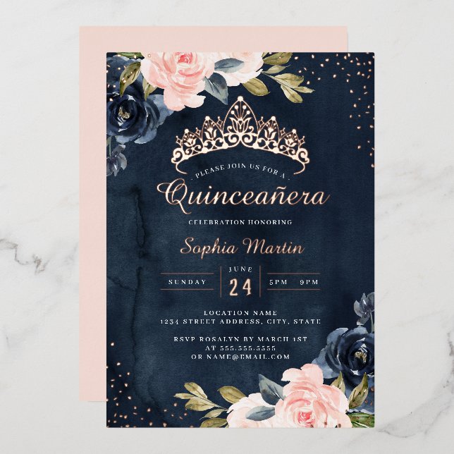 Rose Gold Floral Quinceanera Einladung (Vorderseite/Rückseite)