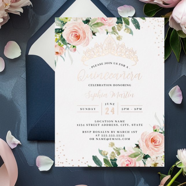 Rose Gold Floral Quinceanera Folieneinladung (Von Creator hochgeladen)