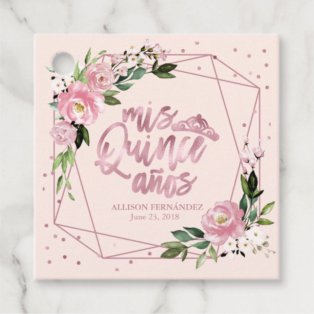 Rose Gold Floral Quinceanera Geschenkanhänger (Vorderseite)