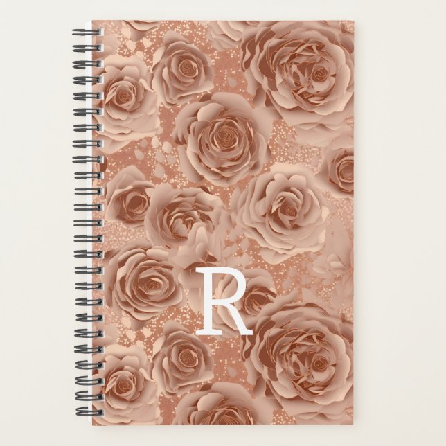 Rose Gold Floral Rose Metallische Monogramm Planer (Vorderseite)