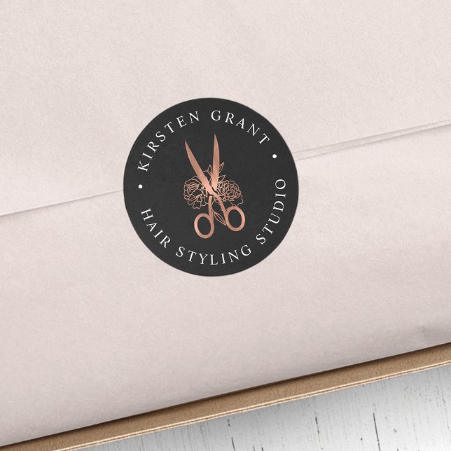 Rose Gold Floral Scissors Logo Runder Aufkleber (Von Creator hochgeladen)
