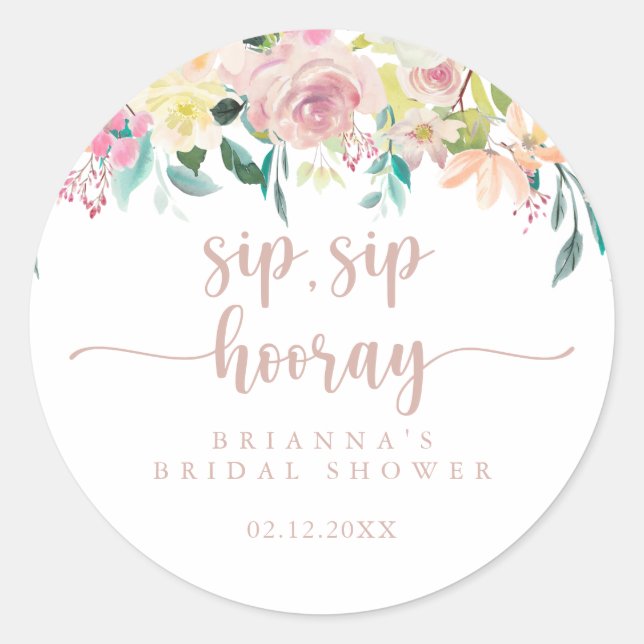 Rose Gold Floral Sip Hooray Brautparty Runder Aufkleber (Vorderseite)