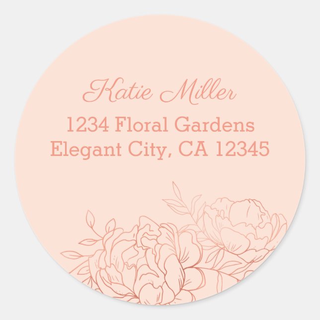 Rose Gold Floral Sketched Line Art-Adresse Runder Aufkleber (Vorderseite)