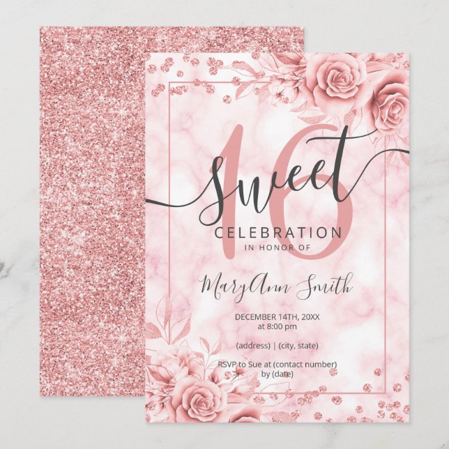 Rose Gold Floral Sweet 16 Birthday Marble Glitzer Einladung (Vorne/Hinten)