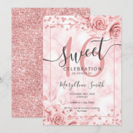Rose Gold Floral Sweet 16 Birthday Marble Glitzer Einladung