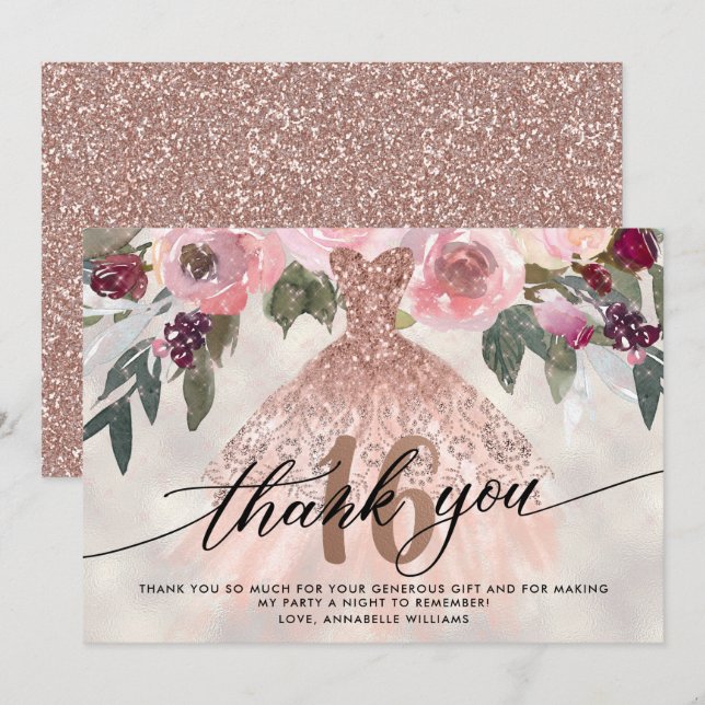 Rose Gold Floral Sweet 16 Danke (Vorne/Hinten)