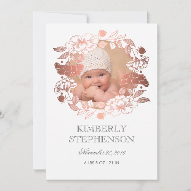 Rose Gold Floral Sweet Neugeborenes Baby Foto Birt Ankündigung (Vorderseite)