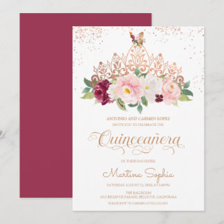 Rose Gold Floral Tiara & Butterfly Quinceanera Einladung