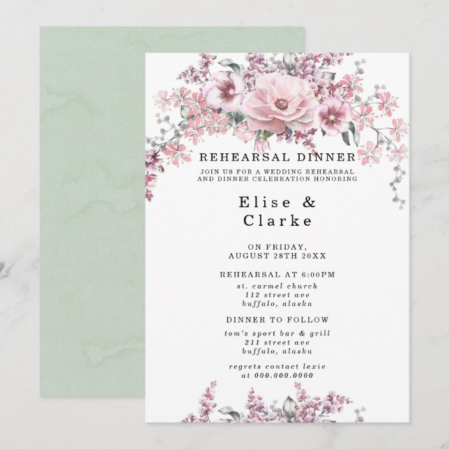 Rose Gold Floral und Eukalyptus Probe Abendessen Einladung (Vorne/Hinten)