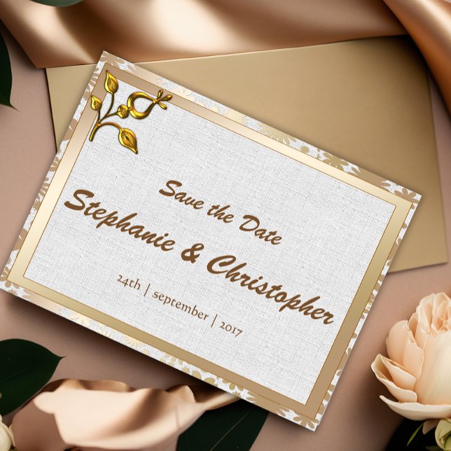 Rose Gold Floral und Linen Hochzeit Ankündigungspostkarte (Von Creator hochgeladen)