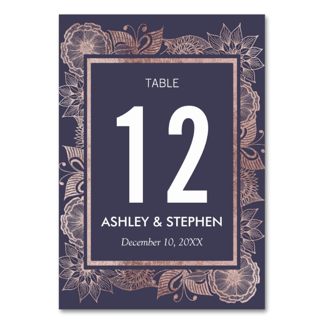 Rose Gold Floral und Navy Blue Tischnummern (Vorderseite)