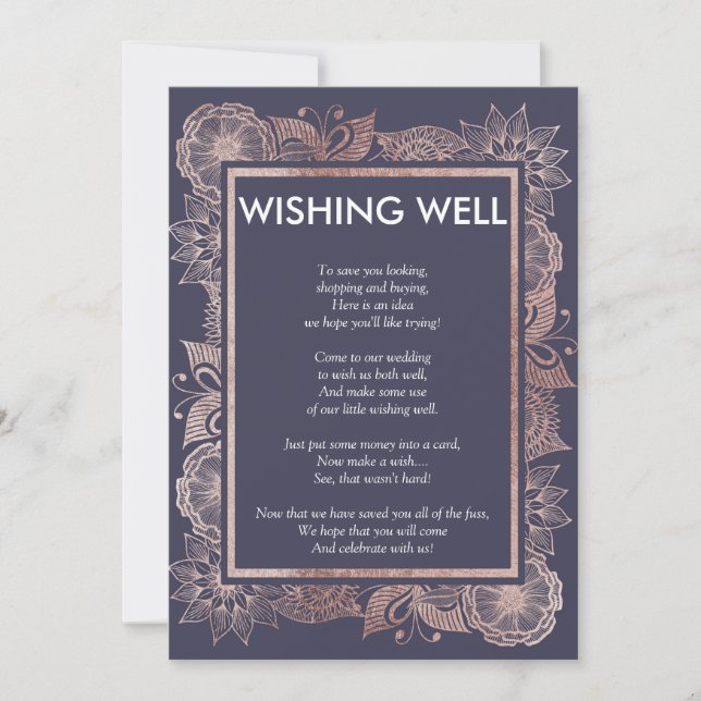 Rose Gold Floral und Navy Blue wünschenswert gut Einladung (Vorderseite)