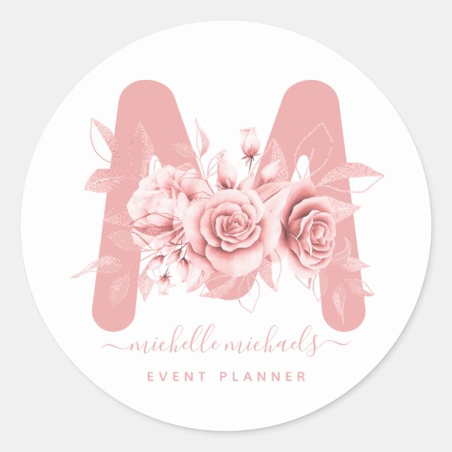 Rose Gold Floral Water Monogram Runder Aufkleber (Vorderseite)