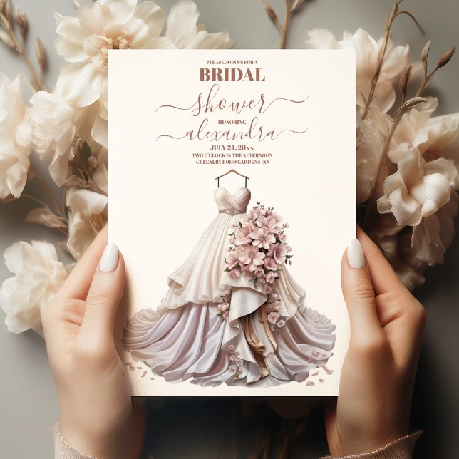 Rose Gold Floral Wedding Dress Brautparty Einladung (Von Creator hochgeladen)