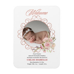 Rose Gold Floral Wreath Foto Geburtsankündigung Magnet