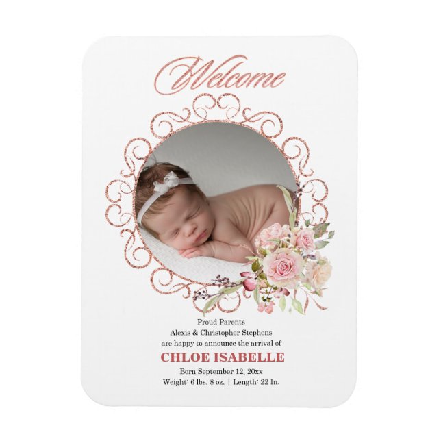 Rose Gold Floral Wreath Foto Geburtsankündigung Magnet (Vertikal)
