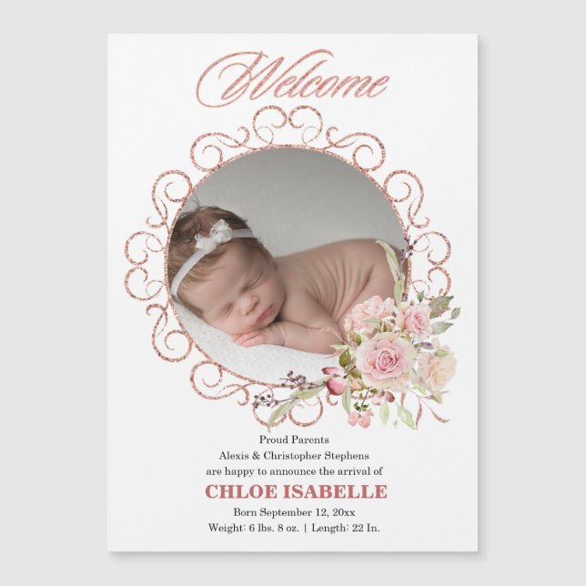 Rose Gold Floral Wreath Foto Geburtshilfe Ankündig Magnetkarte (Vorderseite)