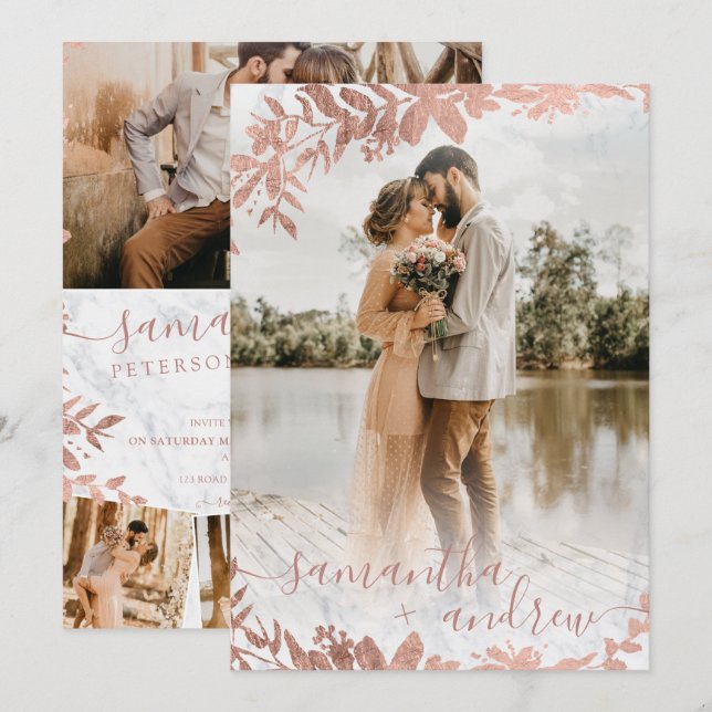 Rose Gold florale Marmor Drehbuch 5 Fotos Hochzeit Einladung (Vorne/Hinten)