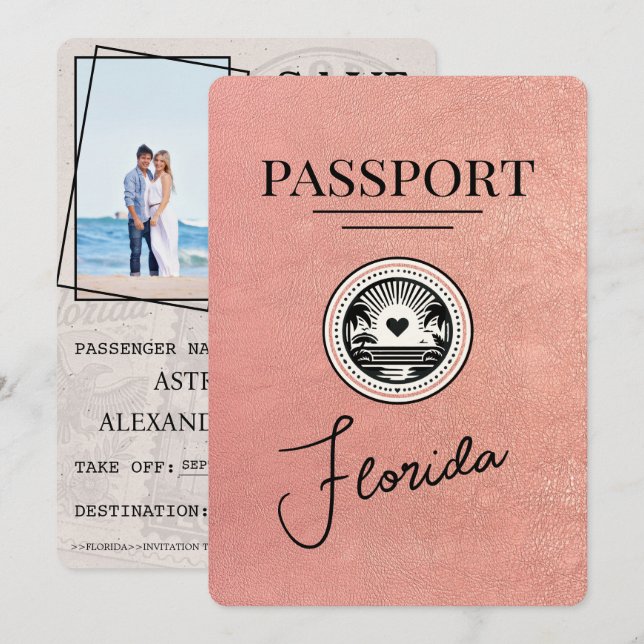 Rose Gold Florida Passport Save the Date (Vorne/Hinten)