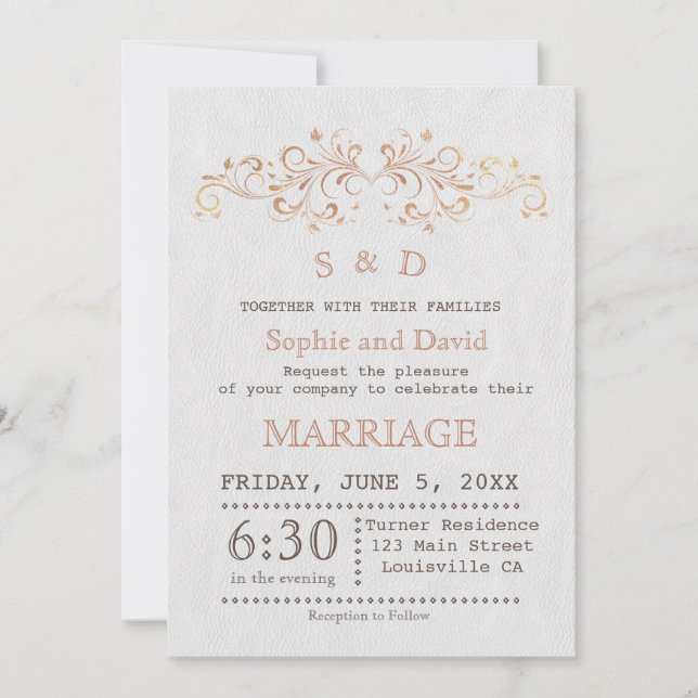 Rose Gold Flourish Swirl White Wedding Invitation (Devant)