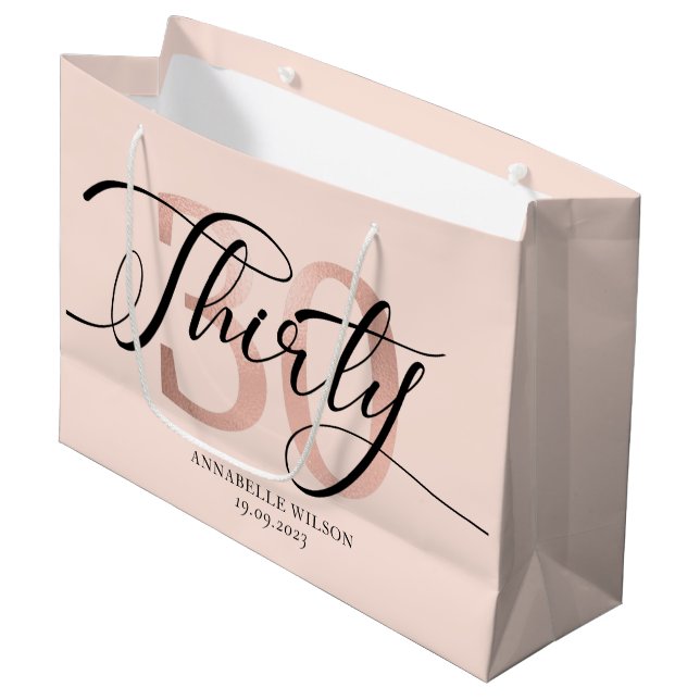 Rose Gold Foil 30. Geburtstag  Große Geschenktüte (Vorderseite Schrägansicht)