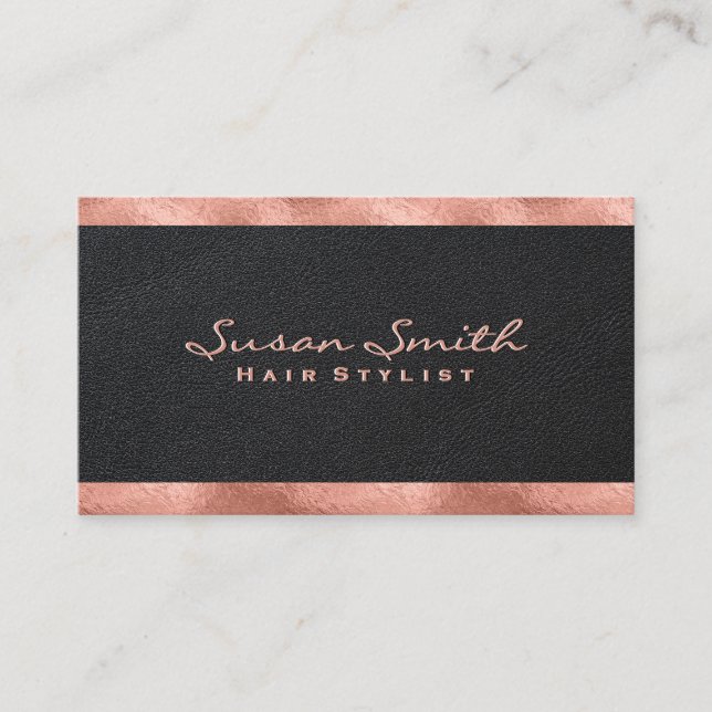 Rose Gold Foil Akzent | Elegant Black Leather Visitenkarte (Vorderseite)