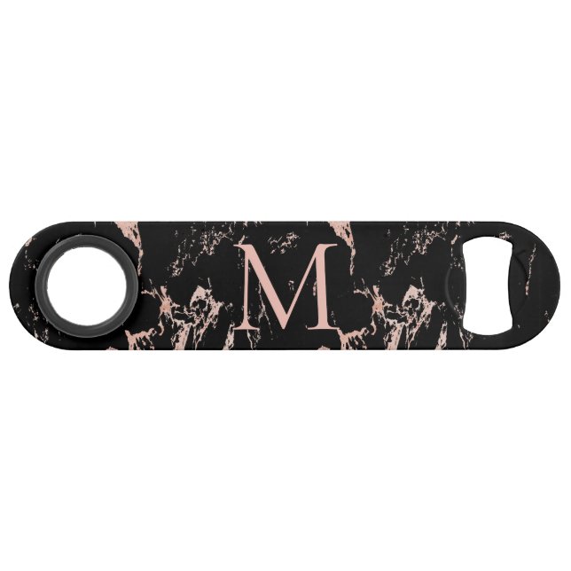 Rose Gold Foil Black Marble Monogramm Speed Flaschenöffner (Vorderseite (Horizontal))